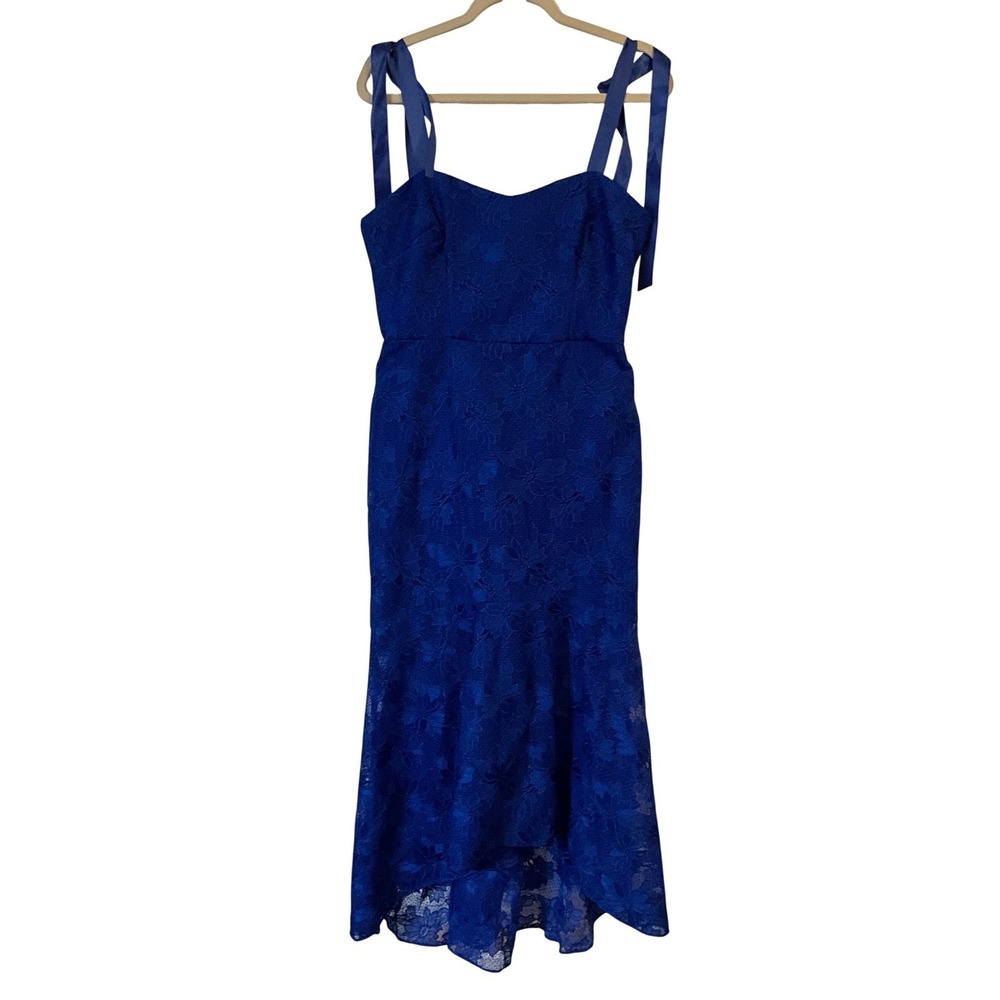 Aidan Mattox Royal Blue Floral Lace High-Low Cocktail Dress Size 8 Tie Straps